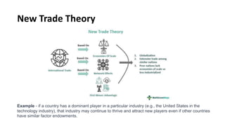 New Trade Theory
Example - if a country has a dominant player in a particular industry (e.g., the United States in the
technology industry), that industry may continue to thrive and attract new players even if other countries
have similar factor endowments.
 