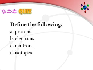 Define the following:
a.protons
b.electrons
c.neutrons
d.isotopes
 