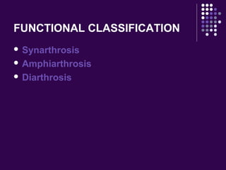 FUNCTIONAL CLASSIFICATION
 Synarthrosis
 Amphiarthrosis
 Diarthrosis
 