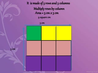 Area= 3 cm x 3 cm
It is made of 3 rows and 3 columns
Multiplyrowsby column
9 squarecm
3 cm
3 cm
 