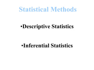 Statistical Methods
•Descriptive Statistics
•Inferential Statistics
Collecting and describing data.
Making decisions based on sample data.
 