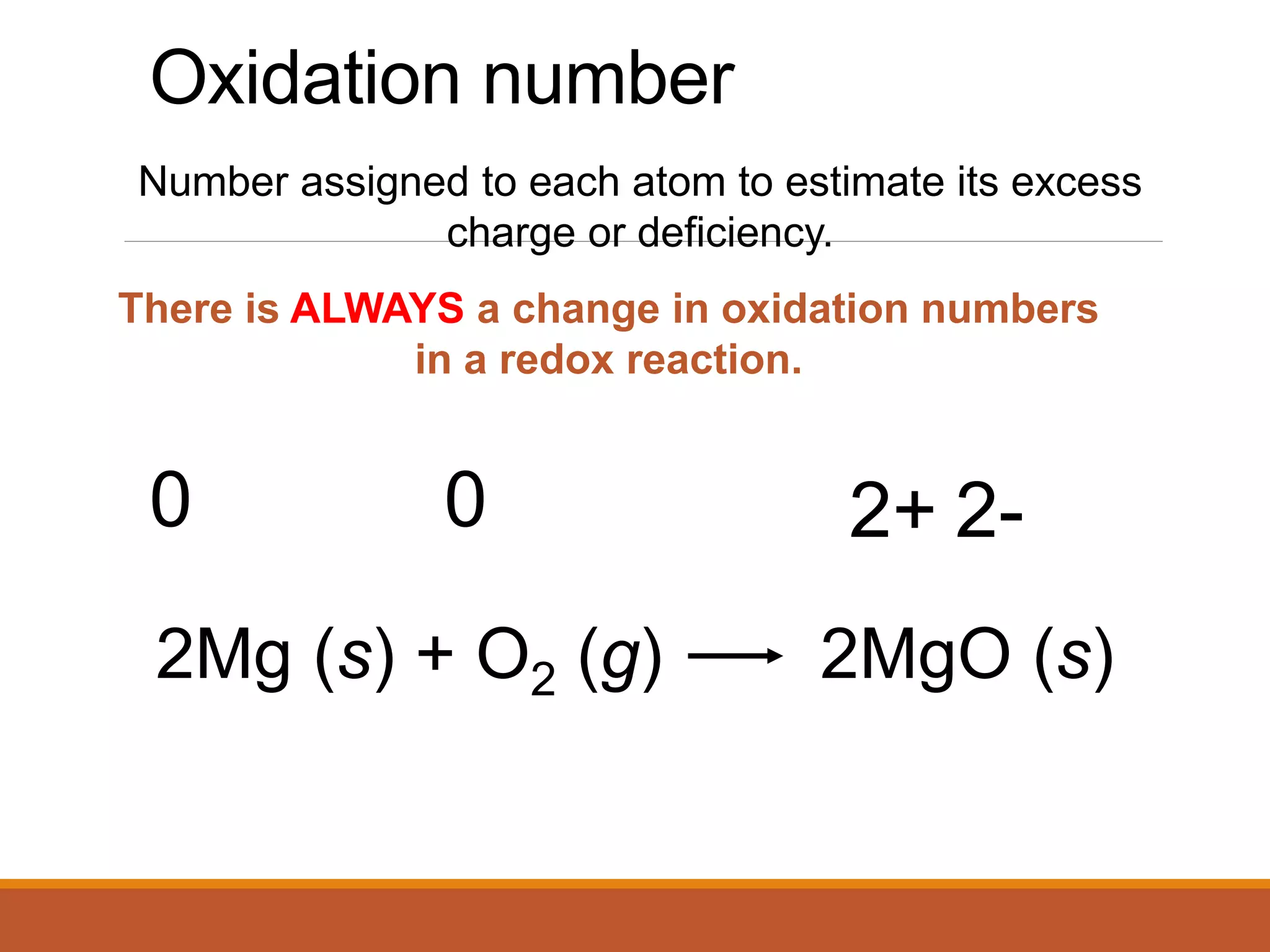 Oxidation number
Number assigned to each atom to estimate its excess
charge or deficiency.
There is ALWAYS a change in oxidation numbers
in a redox reaction.
2Mg (s) + O2 (g) 2MgO (s)
0 0 2+ 2-
 