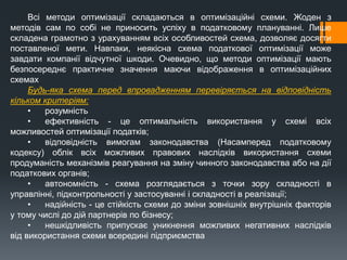 Всі методи оптимізації складаються в оптимізаційні схеми. Жоден з
методів сам по собі не приносить успіху в податковому плануванні. Лише
складена грамотно з урахуванням всіх особливостей схема, дозволяє досягти
поставленої мети. Навпаки, неякісна схема податкової оптимізації може
завдати компанії відчутної шкоди. Очевидно, що методи оптимізації мають
безпосереднє практичне значення маючи відображення в оптимізаційних
схемах
Будь-яка схема перед впровадженням перевіряється на відповідність
кільком критеріям:
• розумність
• ефективність - це оптимальність використання у схемі всіх
можливостей оптимізації податків;
• відповідність вимогам законодавства (Насамперед податковому
кодексу) облік всіх можливих правових наслідків використання схеми
продуманість механізмів реагування на зміну чинного законодавства або на дії
податкових органів;
• автономність - схема розглядається з точки зору складності в
управлінні, підконтрольності у застосуванні і складності в реалізації;
• надійність - це стійкість схеми до зміни зовнішніх внутрішніх факторів
у тому числі до дій партнерів по бізнесу;
• нешкідливість припускає уникнення можливих негативних наслідків
від використання схеми всередині підприємства
 