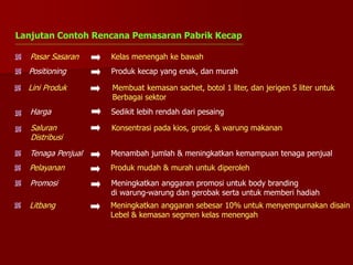 Lanjutan Contoh Rencana Pemasaran Pabrik Kecap
Harga Sedikit lebih rendah dari pesaing
Pasar Sasaran Kelas menengah ke bawah
Positioning Produk kecap yang enak, dan murah
Saluran
Distribusi
Konsentrasi pada kios, grosir, & warung makanan
Tenaga Penjual Menambah jumlah & meningkatkan kemampuan tenaga penjual
Lini Produk Membuat kemasan sachet, botol 1 liter, dan jerigen 5 liter untuk
Berbagai sektor
Pelayanan Produk mudah & murah untuk diperoleh
Promosi Meningkatkan anggaran promosi untuk body branding
di warung-warung dan gerobak serta untuk memberi hadiah
Litbang Meningkatkan anggaran sebesar 10% untuk menyempurnakan disain
Lebel & kemasan segmen kelas menengah
 