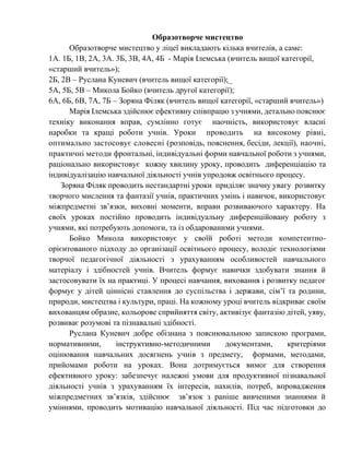 Образотворче мистецтво
Образотворче мистецтво у ліцеї викладають кілька вчителів, а саме:
1А. 1Б, 1В, 2А, 3А. 3Б, 3В, 4А, 4Б - Марія Ілемська (вчитель вищої категорії,
«старший вчитель»);
2Б, 2В – Руслана Куневич (вчитель вищої категорії);_
5А, 5Б, 5В – Микола Бойко (вчитель другої категорії);
6А, 6Б, 6В, 7А, 7Б – Зоряна Філяк (вчитель вищої категорії, «старший вчитель»)
Марія Ілемська здійснює ефективну співпрацю з учнями, детально пояснює
техніку виконання вправ, сумлінно готує наочність, використовує власні
наробки та кращі роботи учнів. Уроки проводить на високому рівні,
оптимально застосовує словесні (розповідь, пояснення, бесіди, лекції), наочні,
практичні методи фронтальні, індивідуальні форми навчальної роботи з учнями,
раціонально використовує кожну хвилину уроку, проводить диференціацію та
індивідуалізацію навчальної діяльності учнів упродовж освітнього процесу.
Зоряна Філяк проводить нестандартні уроки приділяє значну увагу розвитку
творчого мислення та фантазії учнів, практичних умінь і навичок, використовує
міжпредметні зв’язки, виховні моменти, вправи розвиваючого характеру. На
своїх уроках постійно проводить індивідуальну диференційовану роботу з
учнями, які потребують допомоги, та із обдарованими учнями.
Бойко Микола використовує у своїй роботі методи компетентно-
орієнтованого підходу до організації освітнього процесу, володіє технологіями
творчої педагогічної діяльності з урахуванням особливостей навчального
матеріалу і здібностей учнів. Вчитель формує навички здобувати знання й
застосовувати їх на практиці. У процесі навчання, виховання і розвитку педагог
формує у дітей ціннісні ставлення до суспільства і держави, сім’ї та родини,
природи, мистецтва і культури, праці. На кожному уроці вчитель відкриває своїм
вихованцям образне, кольорове сприйняття світу, активізує фантазію дітей, уяву,
розвиває розумові та пізнавальні здібності.
Руслана Куневич добре обізнана з пояснювальною запискою програми,
нормативними, інструктивно-методичними документами, критеріями
оцінювання навчальних досягнень учнів з предмету, формами, методами,
прийомами роботи на уроках. Вона дотримується вимог для створення
ефективного уроку: забезпечує належні умови для продуктивної пізнавальної
діяльності учнів з урахуванням їх інтересів, нахилів, потреб, впровадження
міжпредметних зв’язків, здійснює зв’язок з раніше вивченими знаннями й
уміннями, проводить мотивацію навчальної діяльності. Під час підготовки до
 