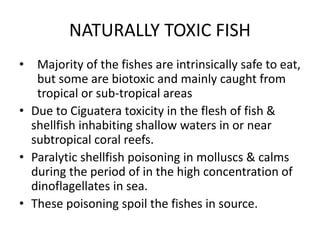 NATURALLY TOXIC FISH
• Majority of the fishes are intrinsically safe to eat,
but some are biotoxic and mainly caught from
tropical or sub-tropical areas
• Due to Ciguatera toxicity in the flesh of fish &
shellfish inhabiting shallow waters in or near
subtropical coral reefs.
• Paralytic shellfish poisoning in molluscs & calms
during the period of in the high concentration of
dinoflagellates in sea.
• These poisoning spoil the fishes in source.
 