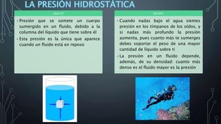 ¿Qué es?
•Presión que se somete un cuerpo
sumergido en un fluido, debido a la
columna del líquido que tiene sobre él
•Esta presión es la única que aparece
cuando un fluido está en reposo
Ejemplo:
•Cuando nadas bajo el agua sientes
presión en los tímpanos de los oídos, y
si nadas más profundo la presión
aumenta, pues cuanto más te sumerges
debes soportar el peso de una mayor
cantidad de líquido sobre ti
•La presión en un fluido depende,
además, de su densidad: cuanto más
denso es el fluido mayor es la presión
 