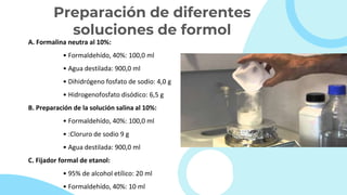 Preparación de diferentes
soluciones de formol
A. Formalina neutra al 10%:
• Formaldehído, 40%: 100,0 ml
• Agua destilada: 900,0 ml
• Dihidrógeno fosfato de sodio: 4,0 g
• Hidrogenofosfato disódico: 6,5 g
B. Preparación de la solución salina al 10%:
• Formaldehído, 40%: 100,0 ml
• :Cloruro de sodio 9 g
• Agua destilada: 900,0 ml
C. Fijador formal de etanol:
• 95% de alcohol etílico: 20 ml
• Formaldehído, 40%: 10 ml
 
