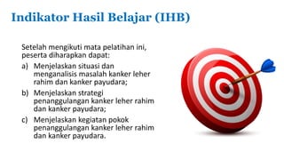 Indikator Hasil Belajar (IHB)
Setelah mengikuti mata pelatihan ini,
peserta diharapkan dapat:
a) Menjelaskan situasi dan
menganalisis masalah kanker leher
rahim dan kanker payudara;
b) Menjelaskan strategi
penanggulangan kanker leher rahim
dan kanker payudara;
c) Menjelaskan kegiatan pokok
penanggulangan kanker leher rahim
dan kanker payudara.
 