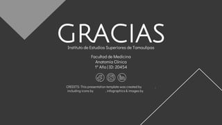 CREDITS: This presentation template was created by Slidesgo,
including icons by Flaticon, infographics & images by Freepik
GRACIAS
Facultad de Medicina
Anatomía Clínica
1° Año | ID: 20454
Instituto de Estudios Superiores de Tamaulipas
 