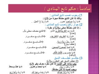 1
)
‫المنادى‬ ‫تابع‬ ‫نصب‬ ‫وجوب‬
:
‫من‬ ‫ًا‬‫د‬‫مجر‬ ‫ا‬ً‫ف‬‫مضا‬ ‫التابع‬ ‫كان‬ ‫إذا‬ ‫وذلك‬
)
‫أل‬
: )

ُ‫د‬‫زي‬ ‫يا‬
‫صاحب‬
‫عمرو‬
.

ُ‫د‬‫زي‬ ‫يا‬
‫ذا‬
‫الحيل‬
.
2
)
‫المنادى‬ ‫تابع‬ ‫ونصب‬ ‫رفع‬ ‫جواز‬
:
-
‫بـ‬ ‫محلى‬ ً‫ا‬‫مضاف‬ ‫كان‬ ‫إذا‬
(
‫أل‬
)
‫ًا‬‫د‬‫مفر‬ ‫أو‬
:

‫زيد‬ ‫يا‬
ُ‫م‬‫الكري‬
/
‫الكريم‬
ِِّ‫األب‬
.

‫بأل‬ ‫محلى‬ ‫مضاف‬ ‫التابع‬
.
(
‫نعت‬
)

ُ‫د‬‫زي‬ ‫يا‬
‫الظريف‬
/
‫الظريف‬
.

‫مــفـــــرد‬ ‫التـــابــــع‬
.
(
‫نعت‬
)

ُ‫ل‬‫رج‬ ‫يا‬
ٌ‫د‬‫زي‬
/
‫ًا‬‫د‬‫زي‬
.

‫مــفـــــرد‬ ‫التـــابــــع‬
.
(
‫بيان‬ ‫عطف‬
)

ُ‫م‬‫تمي‬ ‫يا‬
‫أجمعون‬
/
‫أجمعين‬
.

‫مــفـــــرد‬ ‫التـــابــــع‬
.
(
‫توكيد‬
)

‫مصريون‬ ‫يا‬
‫كم‬َّ‫كل‬
/
‫كم‬ُّ‫كل‬
.

‫مــفـــــرد‬ ‫التـــابــــع‬
.
(
‫توكيد‬
)
3
)
‫النسق‬ ‫عطـــــف‬ ‫حكــــم‬
(
‫أ‬
)
‫بـ‬ ‫المقترن‬ ‫غير‬ ‫النسق‬ ‫عطف‬
(
‫أل‬
:)
‫الضم‬ ‫على‬ ‫بناءه‬ ‫يجب‬
:
‫بغير‬ ‫معرف‬ ‫مفرد‬ ‫كان‬ ‫إذا‬
(
‫أل‬
:)

‫و‬ ُ‫ل‬‫رج‬ ‫يا‬
ُ‫د‬‫زي‬
.

‫و‬ُ‫وعمر‬ ُ‫د‬‫محم‬ ‫يا‬
.

ُ‫د‬‫وسعا‬ ُ‫د‬‫هن‬ ‫يا‬
‫ا‬ً‫ف‬‫مضا‬ ‫كان‬ ‫إذا‬ ‫نصبه‬ ‫ويجب‬
:

ُ‫د‬‫زي‬ ‫يا‬
ِ‫للا‬‫عبد‬ ‫وأبا‬

ُ‫زينب‬ ‫يا‬
‫للا‬ ‫وعبد‬
.

ُ‫د‬‫زي‬ ‫يا‬
‫زيد‬ ‫وأخا‬
 