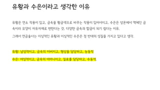 유황과 수은이라고 생각한 이유
유황은 연소 작용이 있고, 금속을 황금색으로 바꾸는 작용이 있어서이고, 수은은 상온에서 액체인 금
속이라 모양이 자유자재로 변한다는 것, 다양한 금속과 합금이 되기 쉽다는 이유.
그래서 연금술사는 이상적인 유황과 이상적인 수은은 정 반대의 성질을 가지고 있다고 생각.
유황: 남성적이고, 금속의 아버지고, 형상을 담당하고, 능동적
수은: 여성적이고, 금속의 어머니이고, 질료를 담당하고, 수동적.
 