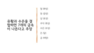 유황과 수은을 결
합하면 7개의 금속
이 나온다고 주장
철 (화성)
동 (금성)
납 (토성)
주석 (목성)
수은 (수성)
은 (달)
금 (태양)
 