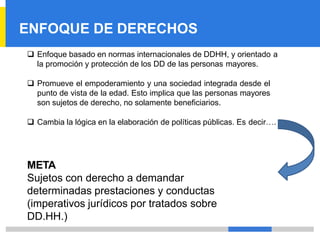❑ Enfoque basado en normas internacionales de DDHH, y orientado a
la promoción y protección de los DD de las personas mayores.
❑ Promueve el empoderamiento y una sociedad integrada desde el
punto de vista de la edad. Esto implica que las personas mayores
son sujetos de derecho, no solamente beneficiarios.
❑ Cambia la lógica en la elaboración de políticas públicas. Es decir….
META
Sujetos con derecho a demandar
determinadas prestaciones y conductas
(imperativos jurídicos por tratados sobre
DD.HH.)
ENFOQUE DE DERECHOS
 