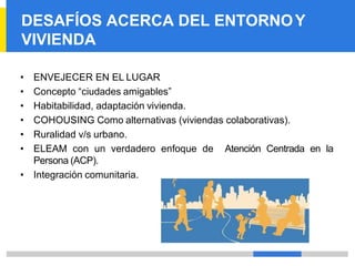 DESAFÍOS ACERCA DEL ENTORNOY
VIVIENDA
• ENVEJECER EN EL LUGAR
• Concepto “ciudades amigables”
• Habitabilidad, adaptación vivienda.
• COHOUSING Como alternativas (viviendas colaborativas).
• Ruralidad v/s urbano.
• ELEAM con un verdadero enfoque de Atención Centrada en la
Persona (ACP).
• Integración comunitaria.
 