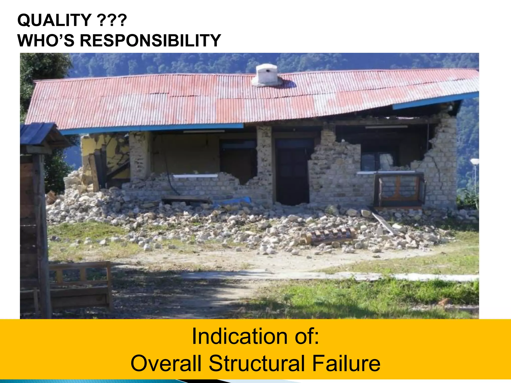 QUALITY ???
WHO’S RESPONSIBILITY
Indication of:
Overall Structural Failure
 
