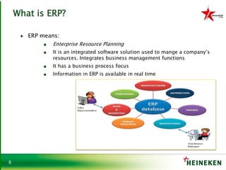 6
What is ERP?
♦ ERP means:
■ Enterprise Resource Planning
■ It is an integrated software solution used to mange a company’s
resources. Integrates business management functions
■ It has a business process focus
■ Information in ERP is available in real time
 