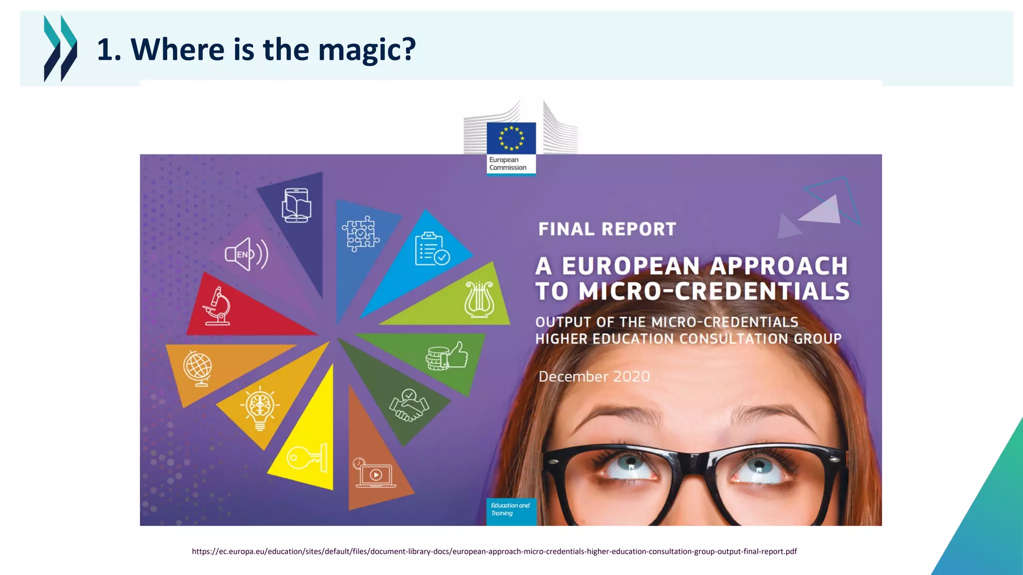 1. Where is the magic?
https://ec.europa.eu/education/sites/default/files/document-library-docs/european-approach-micro-credentials-higher-education-consultation-group-output-final-report.pdf
 