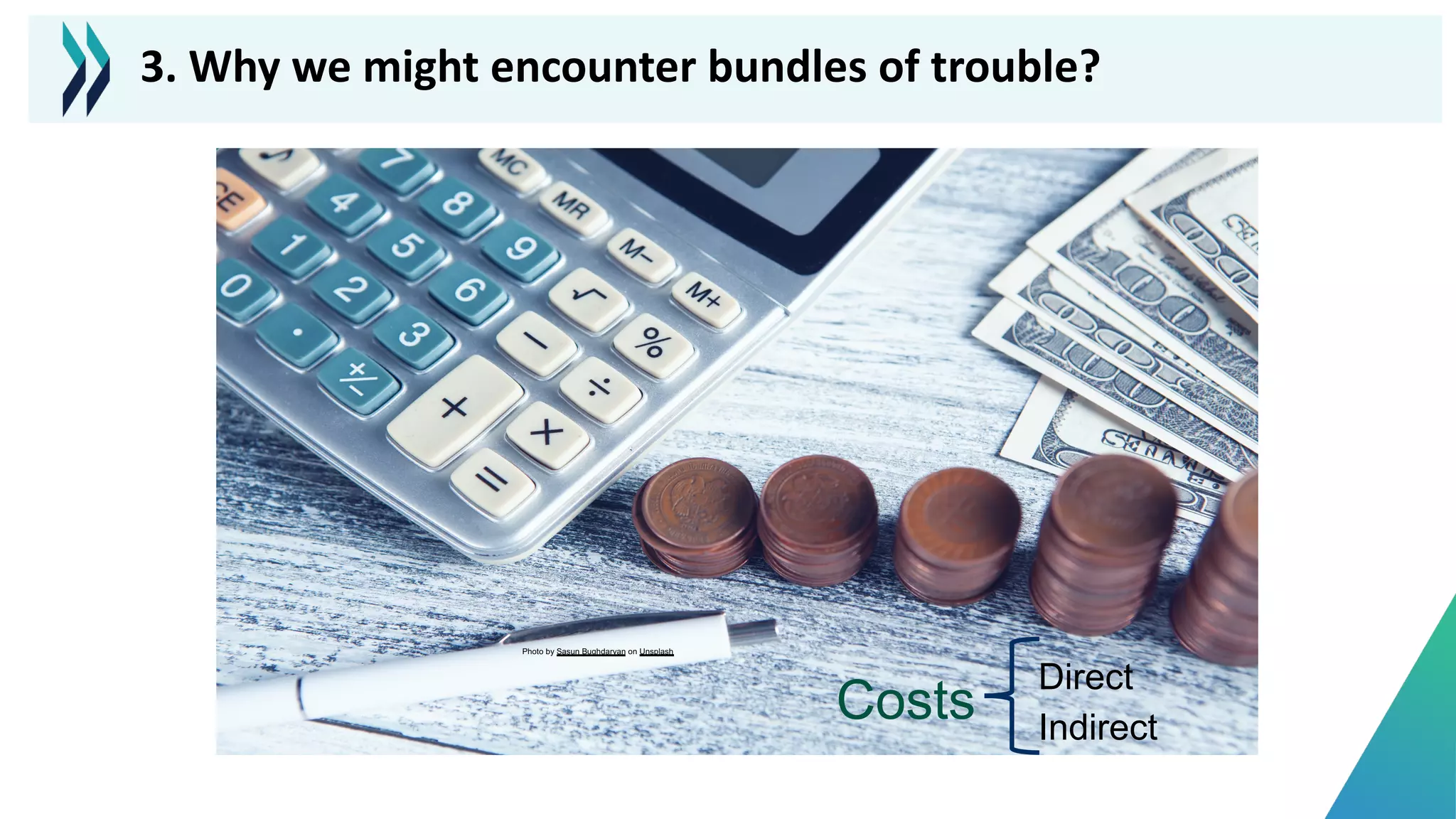 Photo by Sasun Bughdaryan on Unsplash
Costs
Direct
Indirect
3. Why we might encounter bundles of trouble?
 