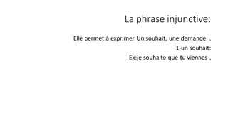 La phrase injunctive:
Elle permet à exprimer Un souhait, une demande .
1-un souhait:
Ex:je souhaite que tu viennes .
 
