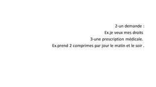2-un demande :
Ex.je veux mes droits
3-une prescription médicale.
Ex.prend 2 comprimes par jour le matin et le soir .
 