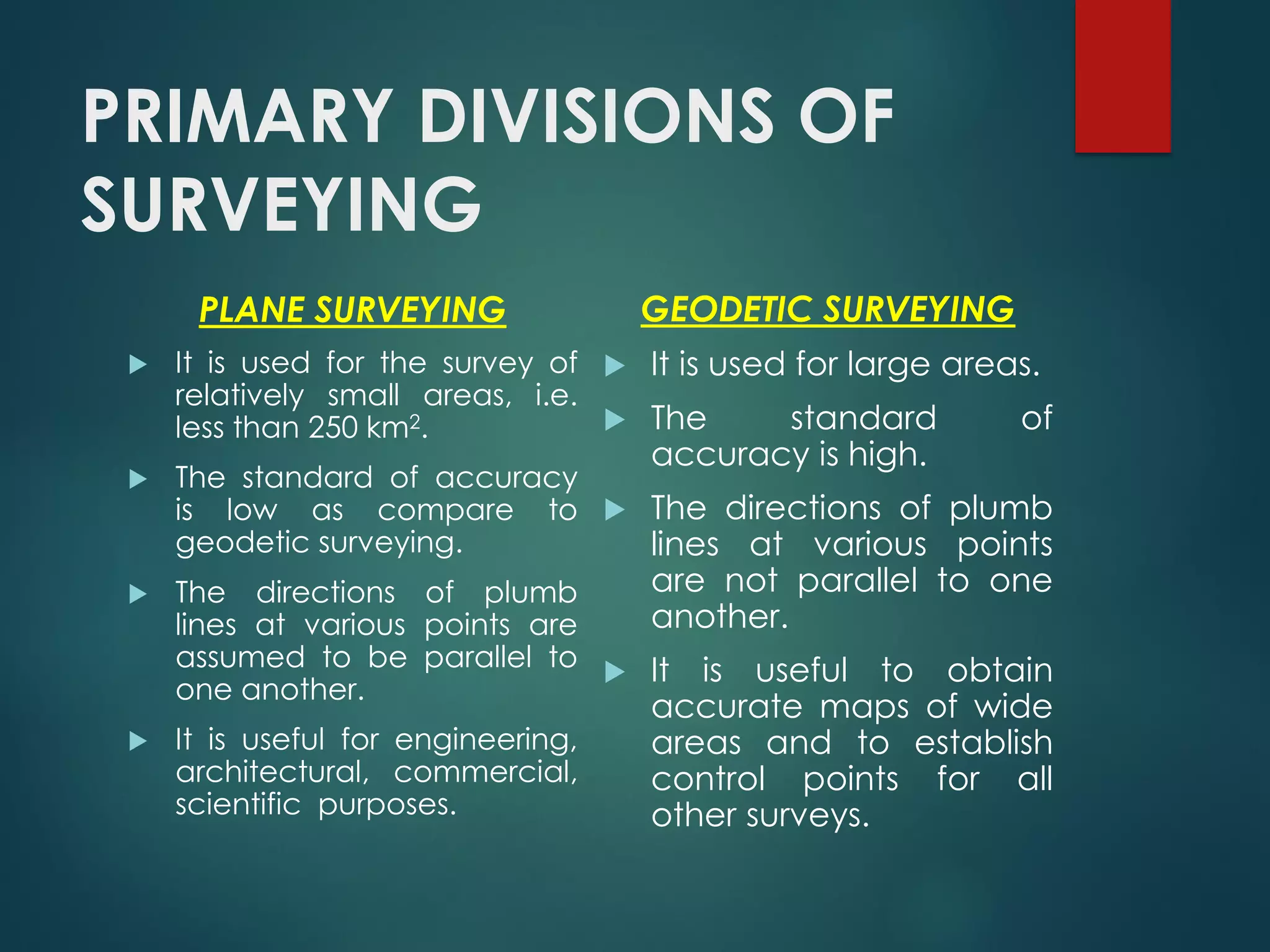 PRIMARY DIVISIONS OF
SURVEYING
PLANE SURVEYING
 It is used for the survey of
relatively small areas, i.e.
less than 250 km2.
 The standard of accuracy
is low as compare to
geodetic surveying.
 The directions of plumb
lines at various points are
assumed to be parallel to
one another.
 It is useful for engineering,
architectural, commercial,
scientific purposes.
GEODETIC SURVEYING
 It is used for large areas.
 The standard of
accuracy is high.
 The directions of plumb
lines at various points
are not parallel to one
another.
 It is useful to obtain
accurate maps of wide
areas and to establish
control points for all
other surveys.
 