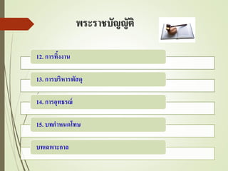 พระราชบัญญัติ
12. การทิ้งงาน
13. การบริหารพัสดุ
14. การอุทธรณ์
15. บทกาหนดโทษ
บทเฉพาะกาล
 
