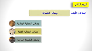 ‫المحاضرة‬
‫الأولى‬
‫الإدارية‬ ‫الحماية‬ ‫وسائل‬
‫وسائل‬
‫الحماية‬
‫الفنية‬
‫وسائل‬
‫الحماية‬
‫المادية‬
 