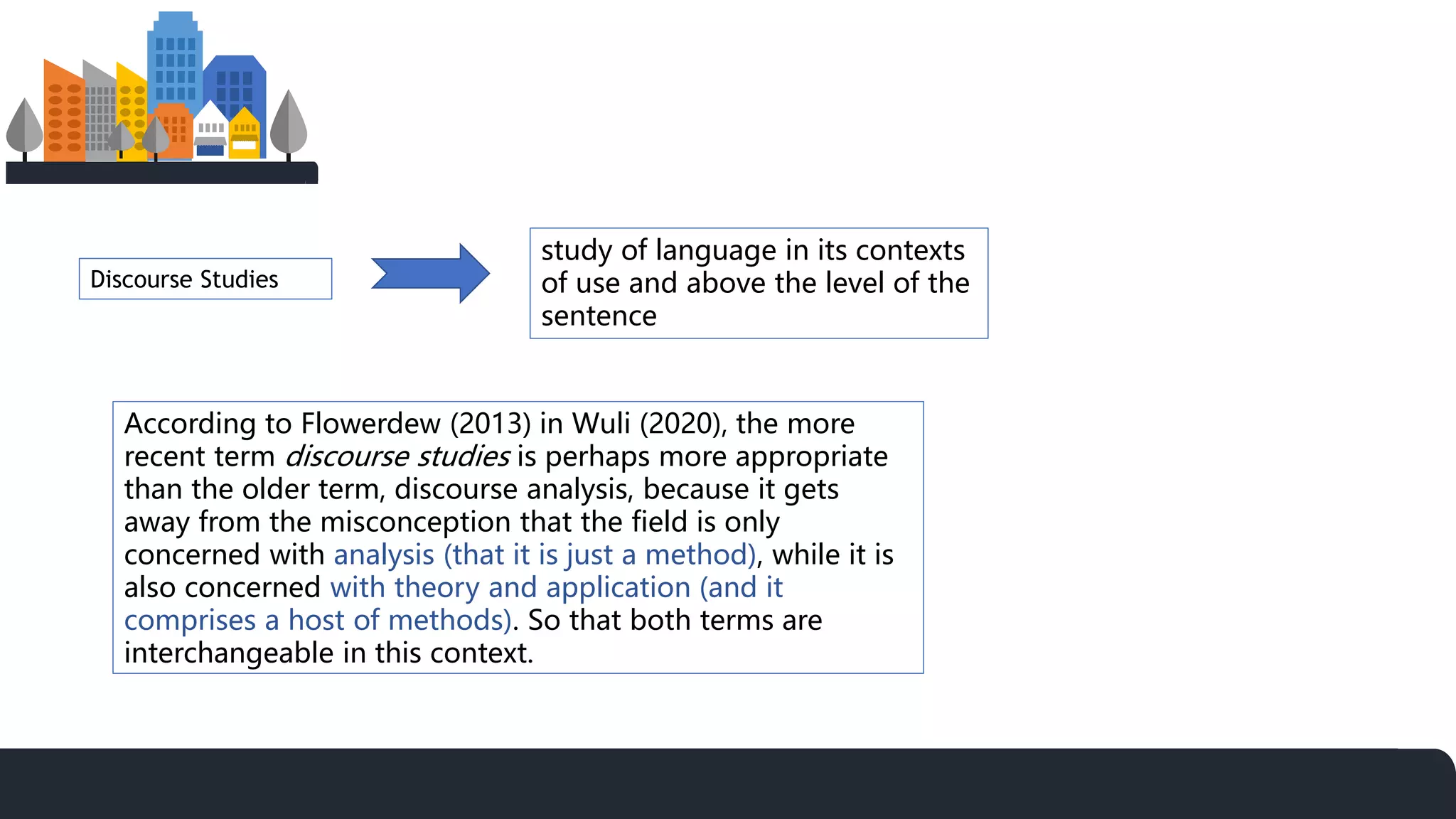 Discourse Studies
study of language in its contexts
of use and above the level of the
sentence
According to Flowerdew (2013) in Wuli (2020), the more
recent term discourse studies is perhaps more appropriate
than the older term, discourse analysis, because it gets
away from the misconception that the field is only
concerned with analysis (that it is just a method), while it is
also concerned with theory and application (and it
comprises a host of methods). So that both terms are
interchangeable in this context.
 