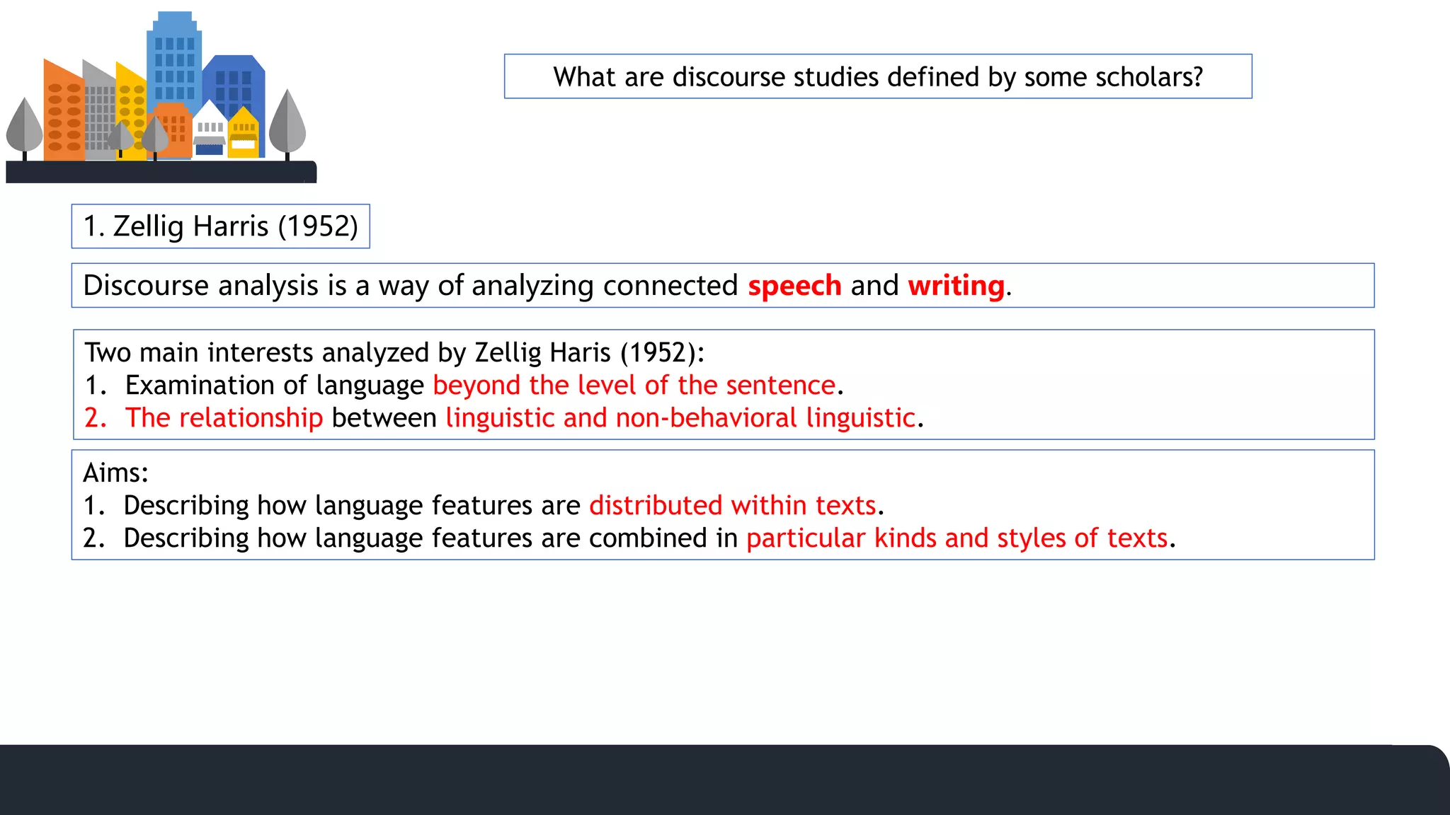 1. Zellig Harris (1952)
Discourse analysis is a way of analyzing connected speech and writing.
What are discourse studies defined by some scholars?
Two main interests analyzed by Zellig Haris (1952):
1. Examination of language beyond the level of the sentence.
2. The relationship between linguistic and non-behavioral linguistic.
Aims:
1. Describing how language features are distributed within texts.
2. Describing how language features are combined in particular kinds and styles of texts.
 