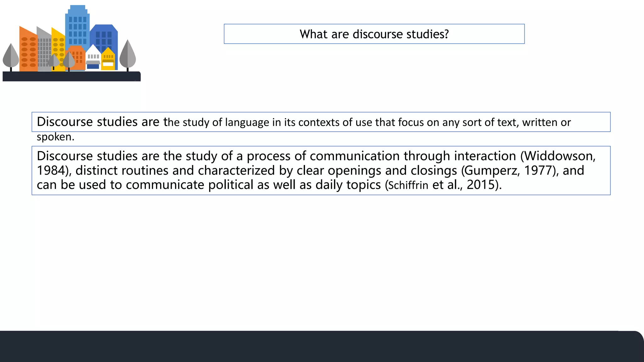 Discourse studies are the study of language in its contexts of use that focus on any sort of text, written or
spoken.
What are discourse studies?
Discourse studies are the study of a process of communication through interaction (Widdowson,
1984), distinct routines and characterized by clear openings and closings (Gumperz, 1977), and
can be used to communicate political as well as daily topics (Schiffrin et al., 2015).
 