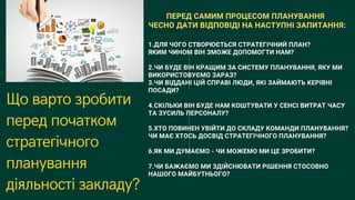 Що варто зробити
перед початком
стратегічного
планування
діяльності закладу?
1.ДЛЯ ЧОГО СТВОРЮЄТЬСЯ СТРАТЕГІЧНИЙ ПЛАН?
ЯКИМ ЧИНОМ ВІН ЗМОЖЕ ДОПОМОГТИ НАМ?
2.ЧИ БУДЕ ВІН КРАЩИМ ЗА СИСТЕМУ ПЛАНУВАННЯ, ЯКУ МИ
ВИКОРИСТОВУЄМО ЗАРАЗ?
3.ЧИ ВІДДАНІ ЦІЙ СПРАВІ ЛЮДИ, ЯКІ ЗАЙМАЮТЬ КЕРІВНІ
ПОСАДИ?
4.СКІЛЬКИ ВІН БУДЕ НАМ КОШТУВАТИ У СЕНСІ ВИТРАТ ЧАСУ
ТА ЗУСИЛЬ ПЕРСОНАЛУ?
5.ХТО ПОВИНЕН УВІЙТИ ДО СКЛАДУ КОМАНДИ ПЛАНУВАННЯ?
ЧИ МАЄ ХТОСЬ ДОСВІД СТРАТЕГІЧНОГО ПЛАНУВАННЯ?
6.ЯК МИ ДУМАЄМО - ЧИ МОЖЕМО МИ ЦЕ ЗРОБИТИ?
7.ЧИ БАЖАЄМО МИ ЗДІЙСНЮВАТИ РІШЕННЯ СТОСОВНО
НАШОГО МАЙБУТНЬОГО?
ПЕРЕД САМИМ ПРОЦЕСОМ ПЛАНУВАННЯ
ЧЕСНО ДАТИ ВІДПОВІДІ НА НАСТУПНІ ЗАПИТАННЯ:
 