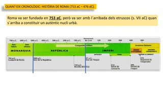 QUAN? EIX CRONOLÒGIC: HISTÒRIA DE ROMA (753 aC – 476 dC).
Roma va ser fundada en 753 aC, però va ser amb l´arribada dels etruscos (s. VII aC) quan
s´arriba a constituir un autèntic nucli urbà.
 