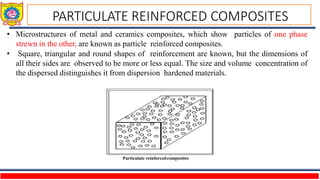 • Microstructures of metal and ceramics composites, which show particles of one phase
strewn in the other, are known as particle reinforced composites.
• Square, triangular and round shapes of reinforcement are known, but the dimensions of
all their sides are observed to be more or less equal. The size and volume concentration of
the dispersed distinguishes it from dispersion hardened materials.
Particulate reinforcedcomposites
PARTICULATE REINFORCED COMPOSITES
 