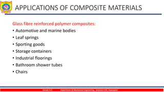 APPLICATIONS OF COMPOSITE MATERIALS
Glass fibre reinforced polymer composites:
• Automotive and marine bodies
• Leaf springs
• Sporting goods
• Storage containers
• Industrial floorings
• Bathroom shower tubes
• Chairs
Varade H.P. Department Of Mechanical Engineering, Sanjivani COE, Kopargaon
 