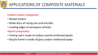 APPLICATIONS OF COMPOSITE MATERIALS
Carbon carbon composites:
• Rocket motors
• Brake discs of racing cars and aircrafts
• Leading edges of aerospace vehicles
Hybrid composites:
• Fishing rod is made of carbon aramid reinforced plastic
• Bicycle frame is made of glass carbon reinforced epoxy
Varade H.P. Department Of Mechanical Engineering, Sanjivani COE, Kopargaon
 