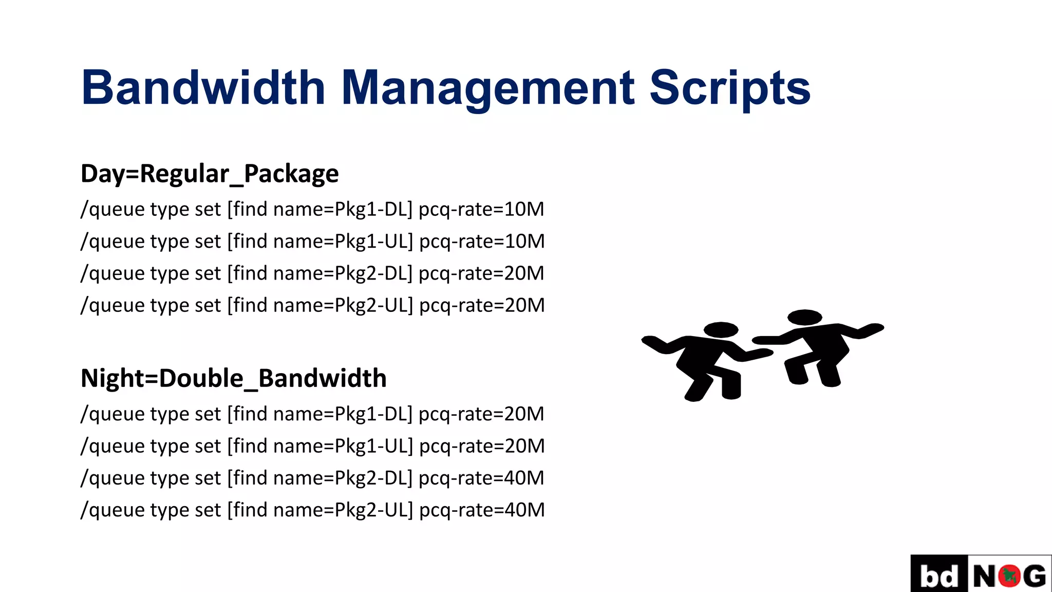 Bandwidth Management Scripts
Day=Regular_Package
/queue type set [find name=Pkg1-DL] pcq-rate=10M
/queue type set [find name=Pkg1-UL] pcq-rate=10M
/queue type set [find name=Pkg2-DL] pcq-rate=20M
/queue type set [find name=Pkg2-UL] pcq-rate=20M
Night=Double_Bandwidth
/queue type set [find name=Pkg1-DL] pcq-rate=20M
/queue type set [find name=Pkg1-UL] pcq-rate=20M
/queue type set [find name=Pkg2-DL] pcq-rate=40M
/queue type set [find name=Pkg2-UL] pcq-rate=40M
 