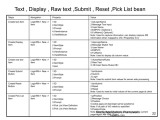 22
Oracle Applications Framework
Prepared by XXX
Text , Display , Raw text ,Submit , Reset ,Pick List bean
Steps Navigation Property Value
Create text Item LoginRN-> New ->
Item
1.ID
2.ItemStyle
3.Prompt
4.ViewInstance
5.ViedAttribute
1.txtLoginName
2.Message Text input
3.User Name
4.EMPVO [ Optional ]
5.FullName [ Optional ]
Note: Used to capture information ,can display /capture DB
information when mapped to VO [ Properties 4,5 ]
Create Display
Item
LoginRN-> New ->
Item
1.ID
2.ItemStyle
3.Prompt
4.ViewInstance
5.ViedAttribute
1.dspLoginName
2.Message Styled Text
3.User Name
4.EMPVO
5.FullName
Note: Used to display db column value.
Create raw text
item
LoginRN-> New ->
Item
1.ID
2.ItemStyle
3.text
1.rtUserNameRules
2.Raw Text
3.<B>User Name Rules</B>
Create Submit
Button
LoginRN-> New ->
Item
1.ID
2.ItemStyle
3.Prompt
1.btnSubmit
2.Submit
3.Login
Note: Used to submit form values for server side processing
Create Reset
Button
LoginRN-> New ->
Item
1.ID
2.ItemStyle
3.Prompt
1.btnSubmit
2.Reset
3.Reset
Note: Used to reset to initial values of the current page at client
Create Pick List
Item
LoginRN-> New ->
Item
1.ID
2.ItemStyle
3.Prompt
4.Pick List View Definition
5.Pick List View Attribute
1.plPosition
2.Message Choice
3.Position
4.oralce.apps.ont.test.login.server.positionvo
Note: Full path of VO needs to specified
5.PoistionCode
Note: Used to display db column value on mapping current
page/region AM View Object.
 