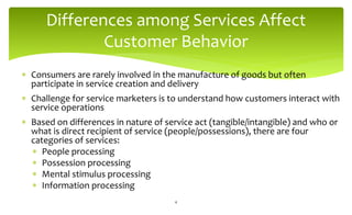 Differences among Services Affect
Customer Behavior
 Consumers are rarely involved in the manufacture of goods but often
participate in service creation and delivery
 Challenge for service marketers is to understand how customers interact with
service operations
 Based on differences in nature of service act (tangible/intangible) and who or
what is direct recipient of service (people/possessions), there are four
categories of services:
 People processing
 Possession processing
 Mental stimulus processing
 Information processing
4
 