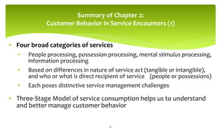 Summary of Chapter 2:
Customer Behavior in Service Encounters (1)
 Four broad categories of services
 People processing, possession processing, mental stimulus processing,
information processing
 Based on differences in nature of service act (tangible or intangible),
and who or what is direct recipient of service (people or possessions)
 Each poses distinctive service management challenges
 Three-Stage Model of service consumption helps us to understand
and better manage customer behavior
41
 