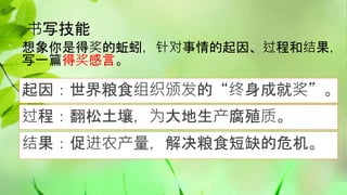 书写技能
想象你是得奖的蚯蚓，针对事情的起因、过程和结果，
写一篇得奖感言。
起因：世界粮食组织颁发的“终身成就奖”。
过程：翻松土壤，为大地生产腐殖质。
结果：促进农产量，解决粮食短缺的危机。
 