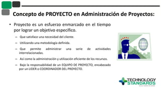 Concepto de PROYECTO en Administración de Proyectos:
• Proyecto es un esfuerzo enmarcado en el tiempo
por lograr un objetivo específico.
– Que satisface una necesidad del cliente.
– Utilizando una metodología definida.
– Que permite administrar una serie de actividades
interrelacionadas.
– Así como la administración y utilización eficiente de los recursos.
– Bajo la responsabilidad de un EQUIPO DE PROYECTO, encabezado
por un LIDER o COORDINADOR DEL PROYECTO.
 