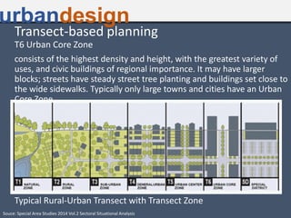 Transect-based planning
urbandesign
T6 Urban Core Zone
consists of the highest density and height, with the greatest variety of
uses, and civic buildings of regional importance. It may have larger
blocks; streets have steady street tree planting and buildings set close to
the wide sidewalks. Typically only large towns and cities have an Urban
Core Zone.
Typical Rural-Urban Transect with Transect Zone
Souce: Special Area Studies 2014 Vol.2 Sectoral Situational Analysis
 