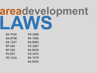 LAWS
areadevelopment
RA 7916
RA 8748
RA 7227
RP 344
BP 220
PD 957
PD 1216
PD 1096
RA 7586
RA 9003
PD 1067
RA 8550
PD 1075
RA 7279
RA 9593
 