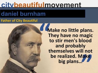 daniel burnham
Father of City Beautiful
citybeautifulmovement
“
”
Make no little plans.
They have no magic
to stir men's blood
and probably
themselves will not
be realized. Make
big plans…
 