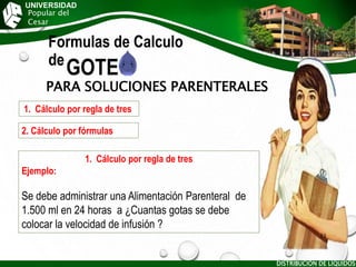 UNIVERSIDAD
Popular del
Cesar
Formulas de Calculo
de
GOTEO
PARA SOLUCIONES PARENTERALES
DISTRIBUCIÓN DE LÍQUIDOS
23
1. Cálculo por regla de tres
2. Cálculo por fórmulas
1. Cálculo por regla de tres
Ejemplo:
Se debe administrar una Alimentación Parenteral de
1.500 ml en 24 horas a ¿Cuantas gotas se debe
colocar la velocidad de infusión ?
 