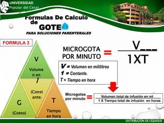 Formulas De Calculo
de
GOTE
PARA SOLUCIONES PARENTERALES
UNIVERSIDAD
Popular del Cesar
V
Volume
n en
ml.
G
(Goteo)
1
(Const
ante)
T
Tiempo
en hora
V___
1XT
MICROGOTA
POR MINUTO
Volumen total de infusión en ml____
1 X Tiempo total de infusión en horas
Microgotas
por minuto
FORMULA 3
V = Volumen en mililitros
1 = Contante.
T = Tiempo en hora
DISTRIBUCIÓN DE LÍQUIDOS
32
 