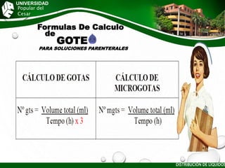 UNIVERSIDAD
Popular del
Cesar
Formulas De Calculo
de
GOTE
PARA SOLUCIONES PARENTERALES
DISTRIBUCIÓN DE LÍQUIDOS
47
 