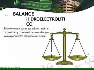 BALANCE
DISTRIBUCIÓN DE LÍQUIDOS
Estado en que el agua y sus solutos , están en
proporciones y concentraciones normales y en
los compartimientos apropiados del cuerpo.
HIDROELECTROLÍTI
CO
5
 