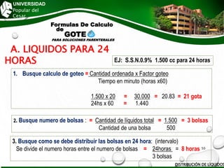 UNIVERSIDAD
Popular del
Cesar
A. LIQUIDOS PARA 24
HORAS
Formulas De Calculo
de
GOTE
PARA SOLUCIONES PARENTERALES
DISTRIBUCIÓN DE LÍQUIDOS
1. Busque calculo de goteo = Cantidad ordenada x Factor goteo
Tiempo en minuto (horas x60)
1.500 x 20 = 30.000 = 20.83 = 21 gota
24hs x 60 = 1.440
EJ: S.S.N.0.9% 1.500 cc para 24 horas
2. Busque numero de bolsas : = Cantidad de líquidos total = 1.500 = 3 bolsas
Cantidad de una bolsa 500
3. Busque como se debe distribuir las bolsas en 24 hora: (intervalo)
Se divide el numero horas entre el numero de bolsas = 24horas = 8 horas
3 bolsas
50
 